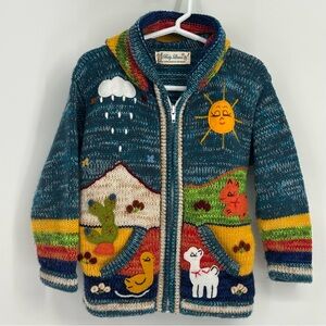 Baby Llama Blue Knit Sweater Peruvian organic  zip animal jacket hood all over